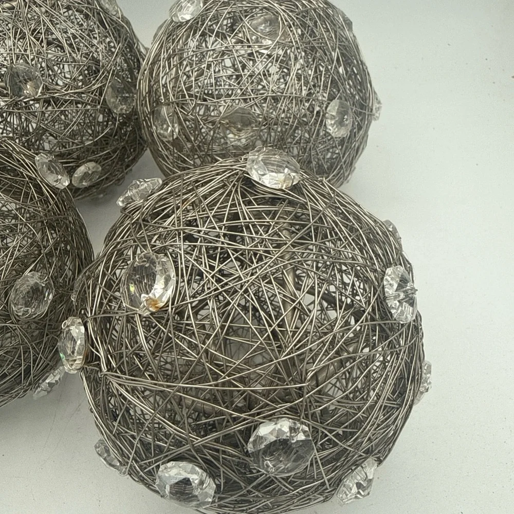 4 Pier 1 One Wrapped Silver Color Metal Wire Orbs Spheres w/ Acrylic Gems 6”